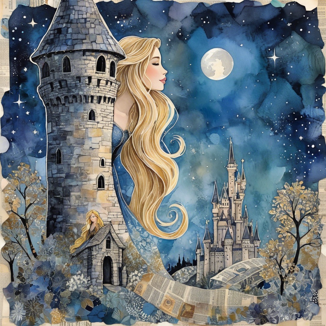 Whimsical Painting of Rapunzel in a Tower at Night