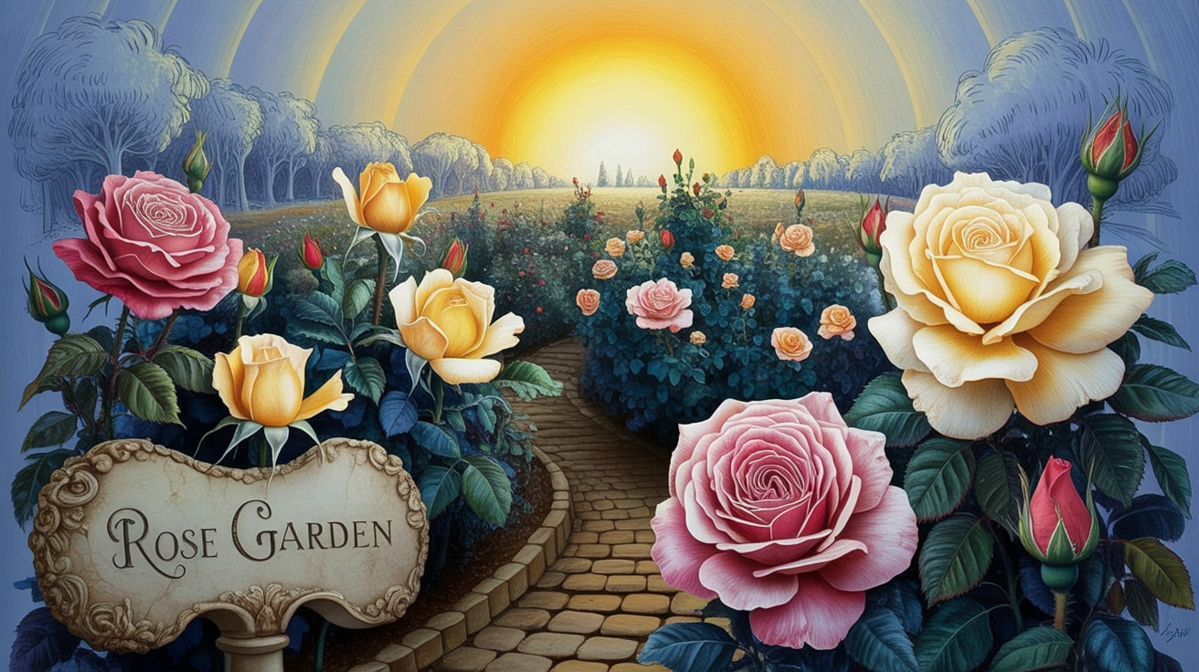 Vibrant Rose Garden with Stone Pathway and Sunlight