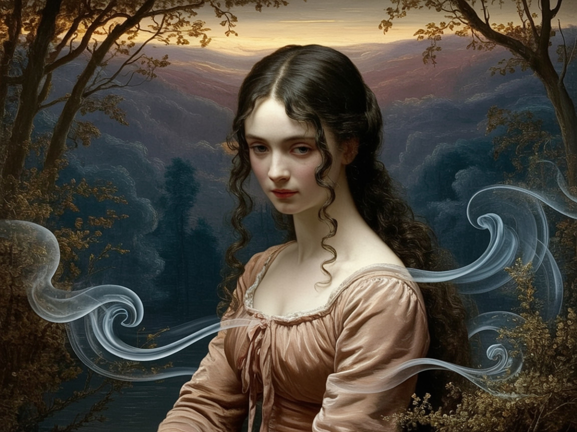 Young woman in pink dress in serene misty landscape