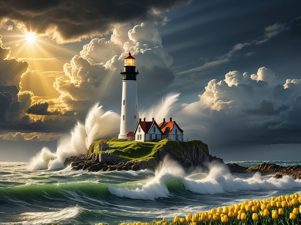 Lighthouse on Cliff with Ocean and Dramatic Sky