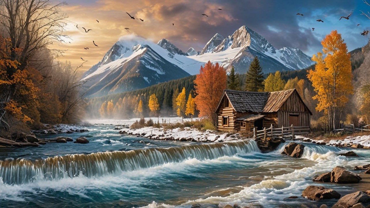 Serene Landscape with Cabin and Autumn Foliage
