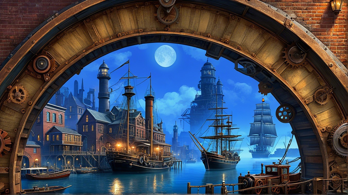 Steampunk Cityscape with Harbor and Moonlit Night