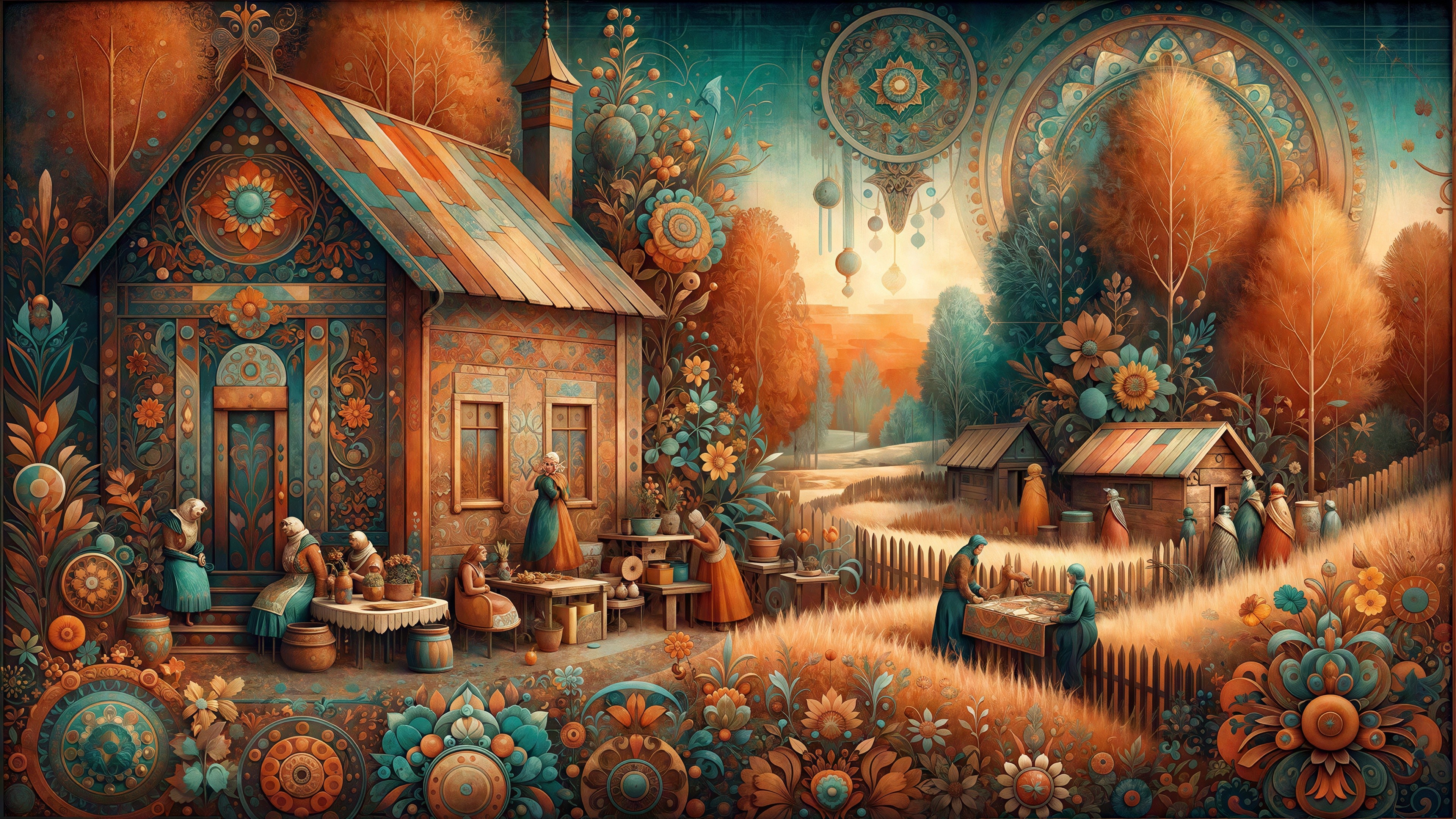 Charming Village Scene with Colorful Houses and Gardens