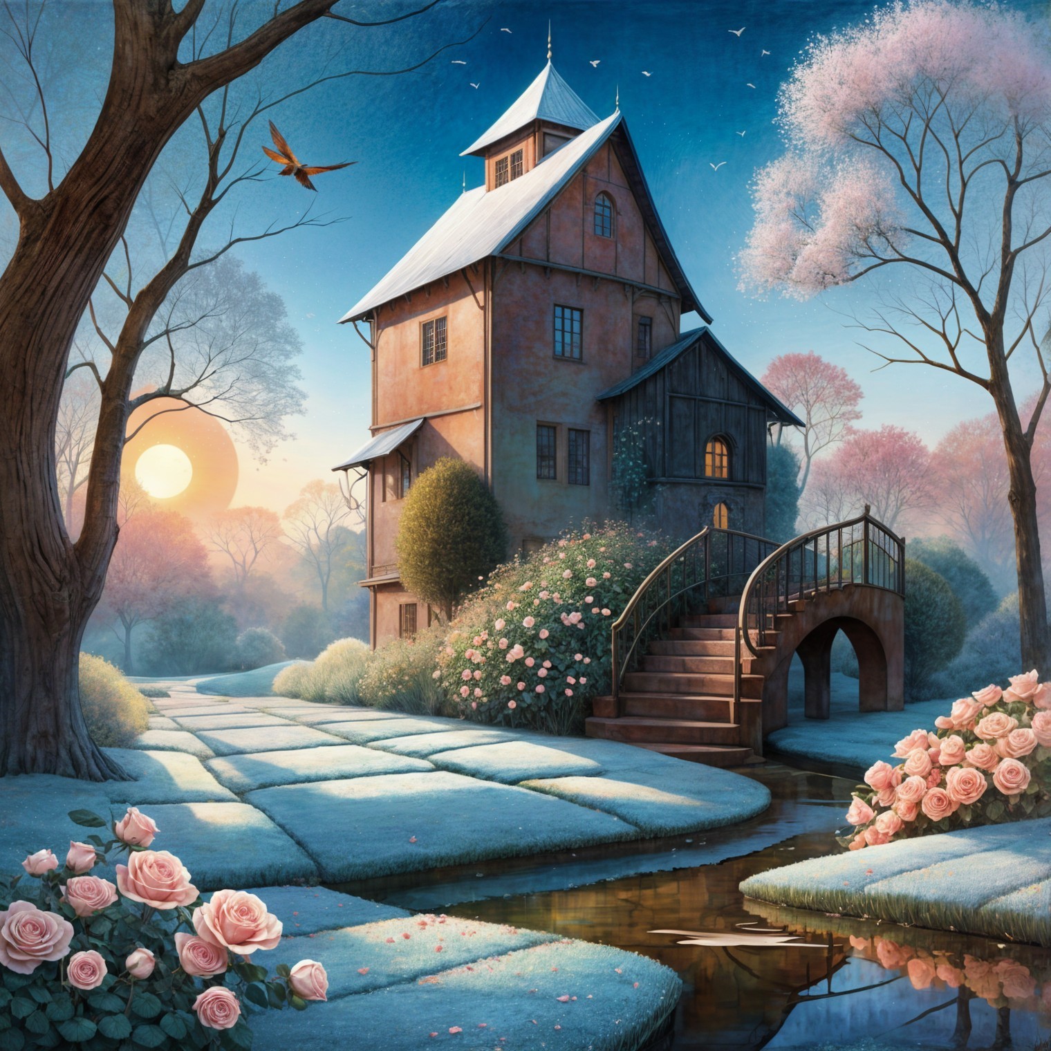 Whimsical House in Serene Landscape with Blooming Roses