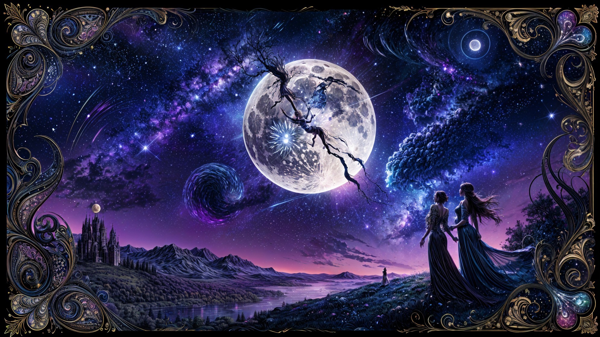 Fantasy Night Landscape with Moon and Castle