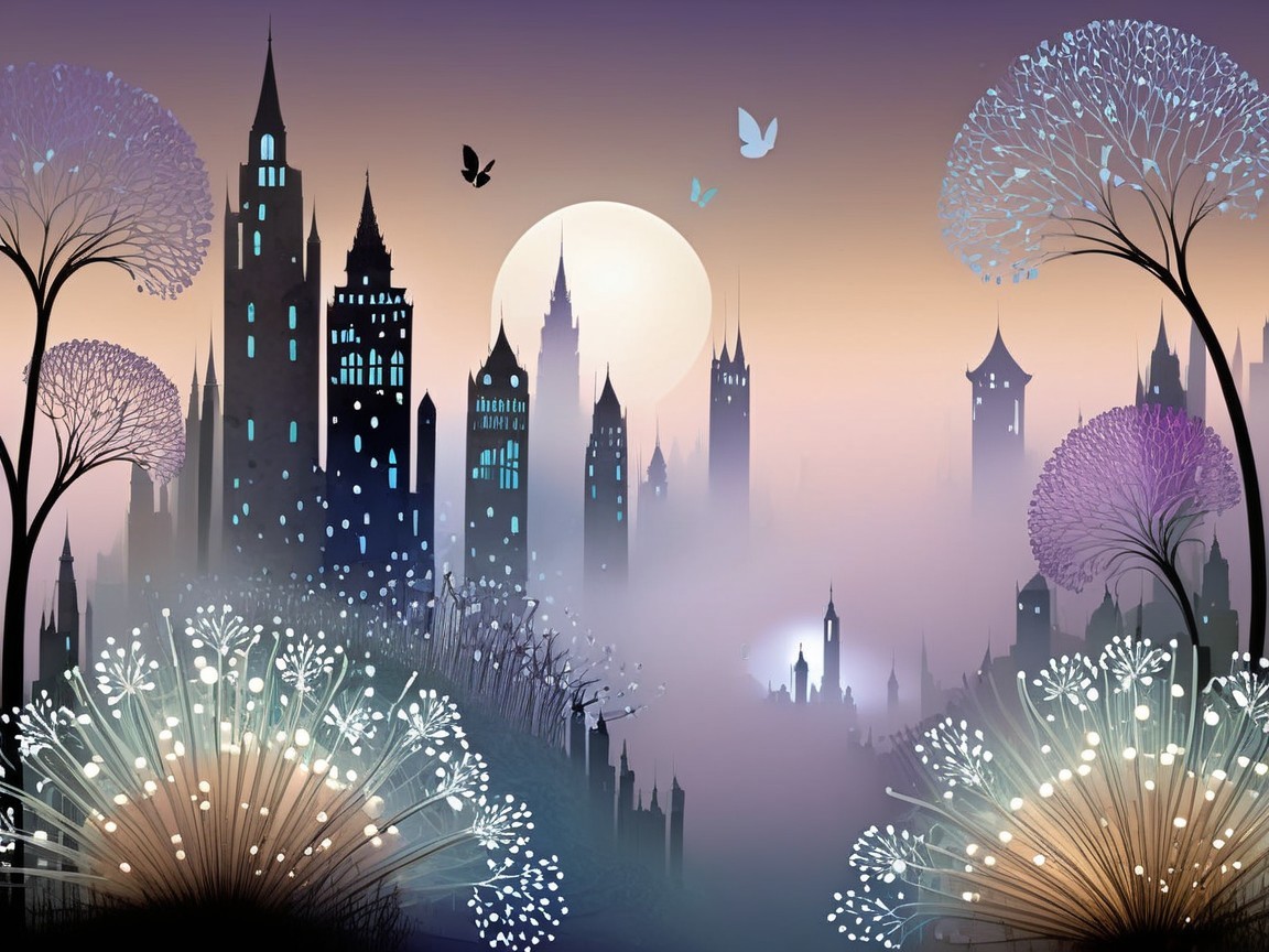 Whimsical Cityscape at Twilight with Ethereal Elements