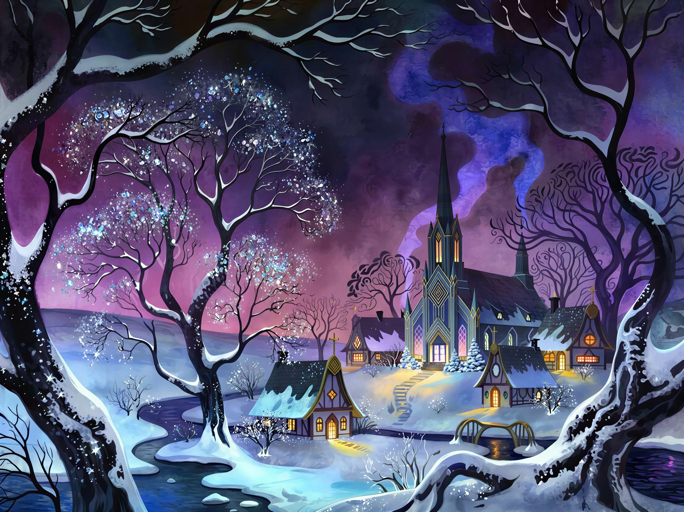 Winter Village Scene with Church and Snowy Landscape