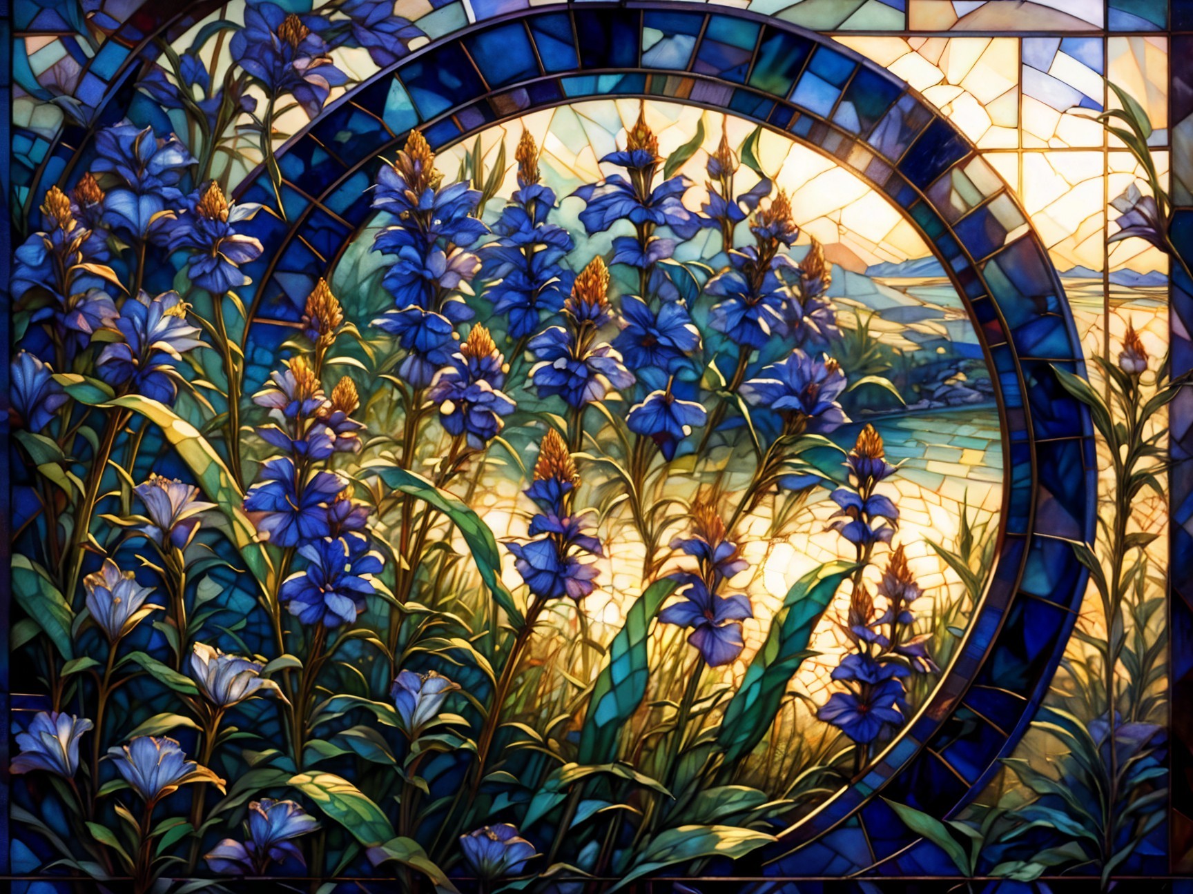 Ornate Stained Glass Window with Blue Floral Design