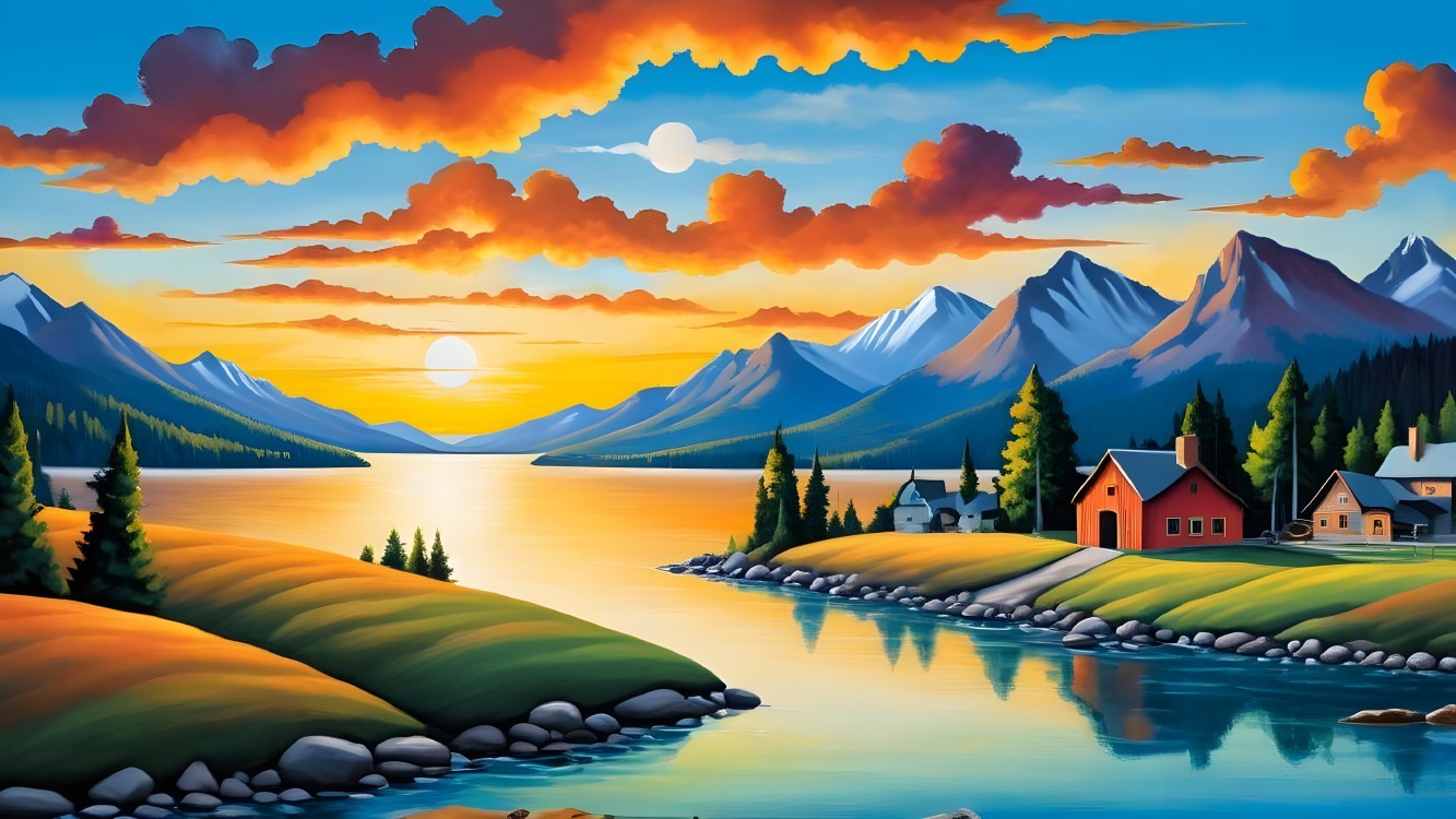 Vibrant Sunset Landscape with Tranquil Lake and Hills