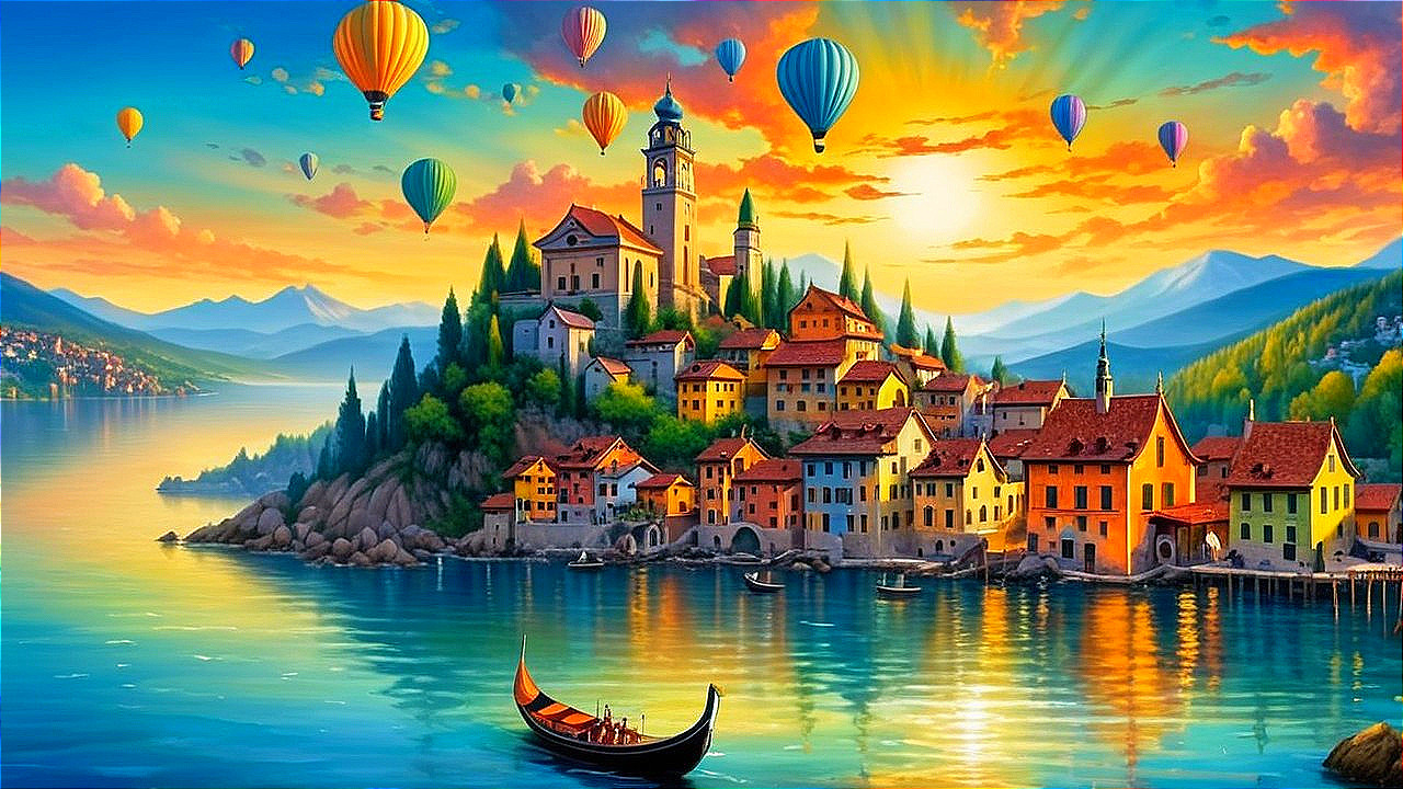Lakeside Village at Sunset with Hot Air Balloons