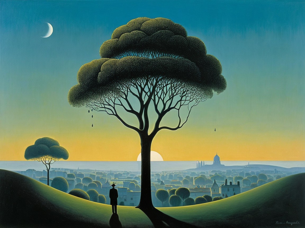 Silhouette Under Tree Overlooking Tranquil Town at Dusk
