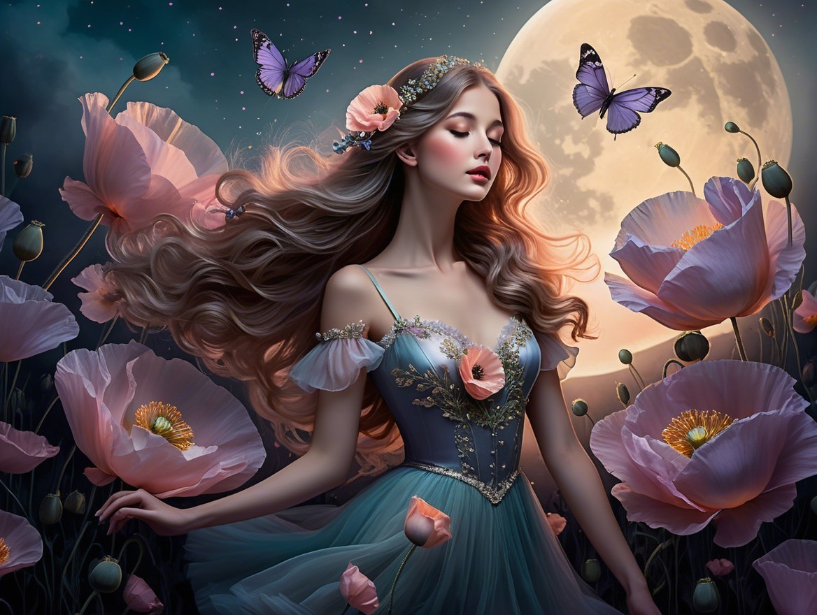 Woman in gown with poppies and moonlit backdrop