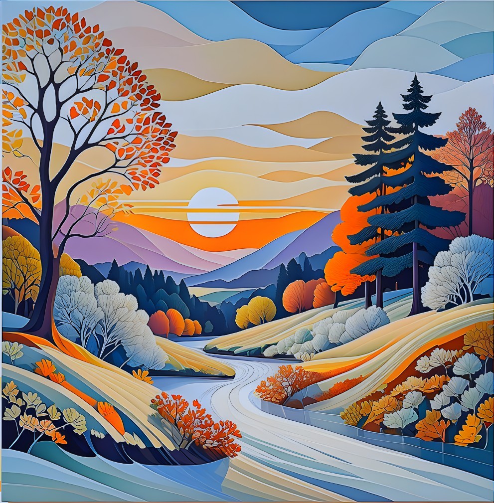 Vibrant Landscape with Rolling Hills and Sunset Colors