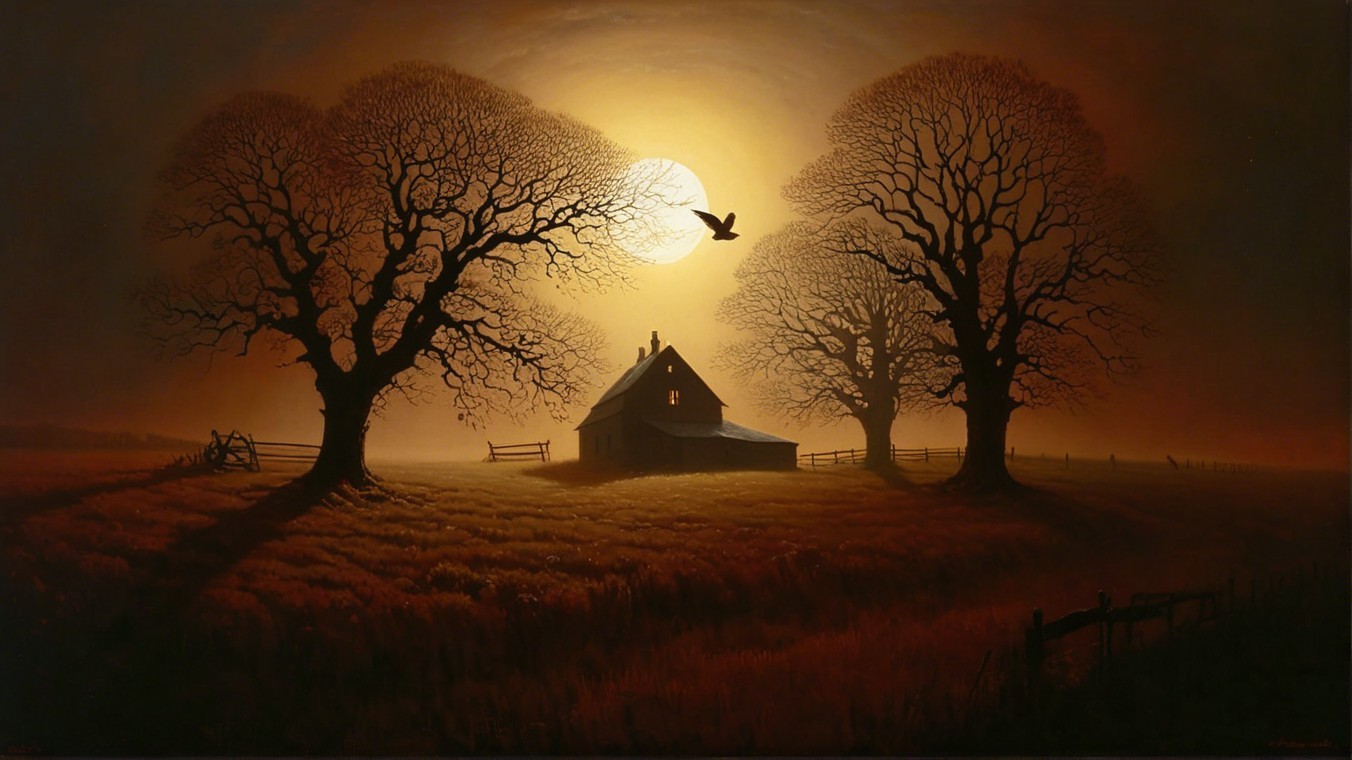 Full Moon Illuminates Serene Farmhouse Landscape