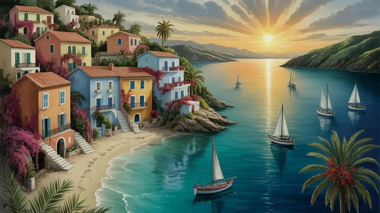 Coastal Scene with Colorful Houses and Sunset Reflections