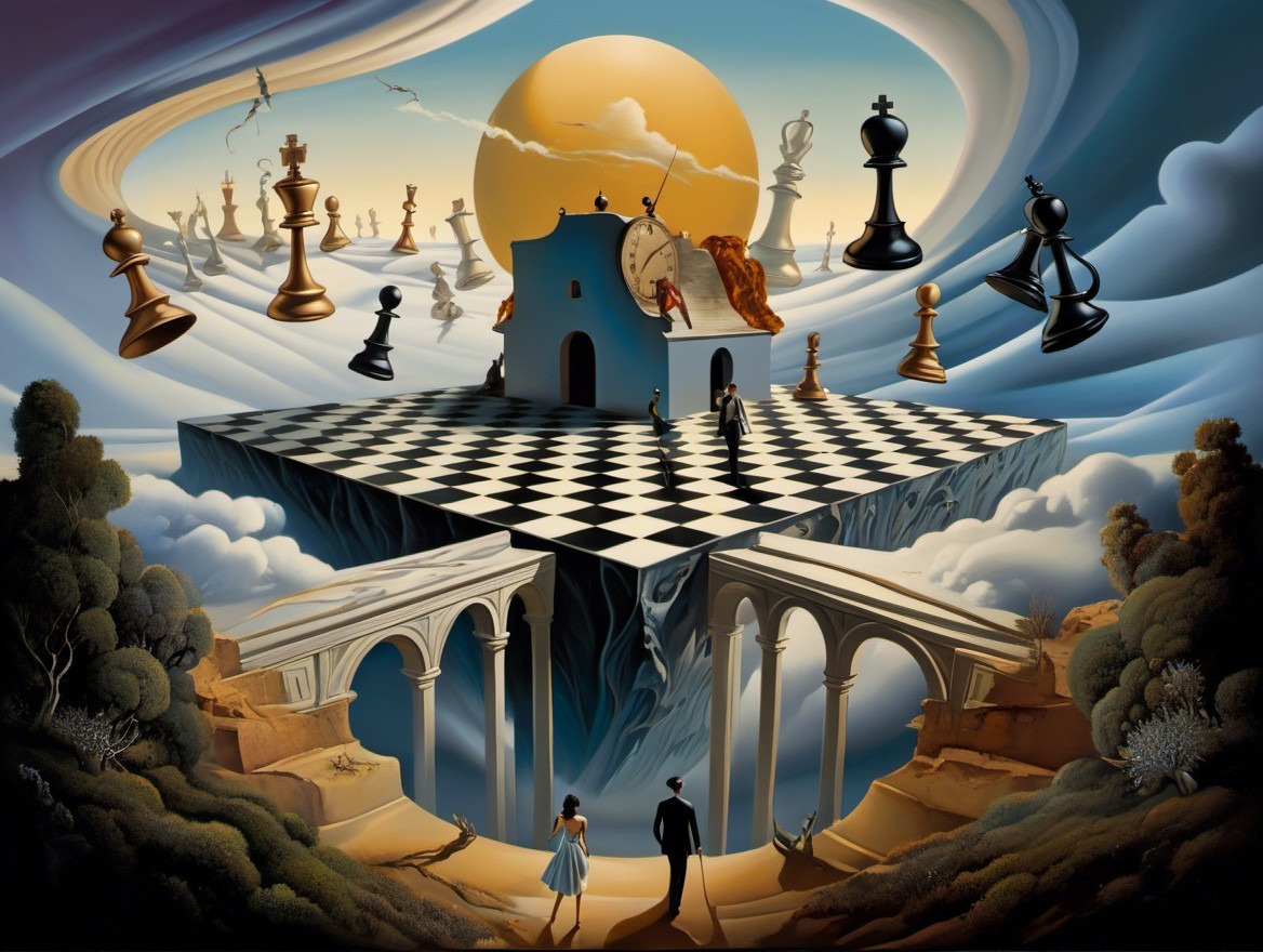 Surreal Landscape with Floating Chessboard and Melting Clock