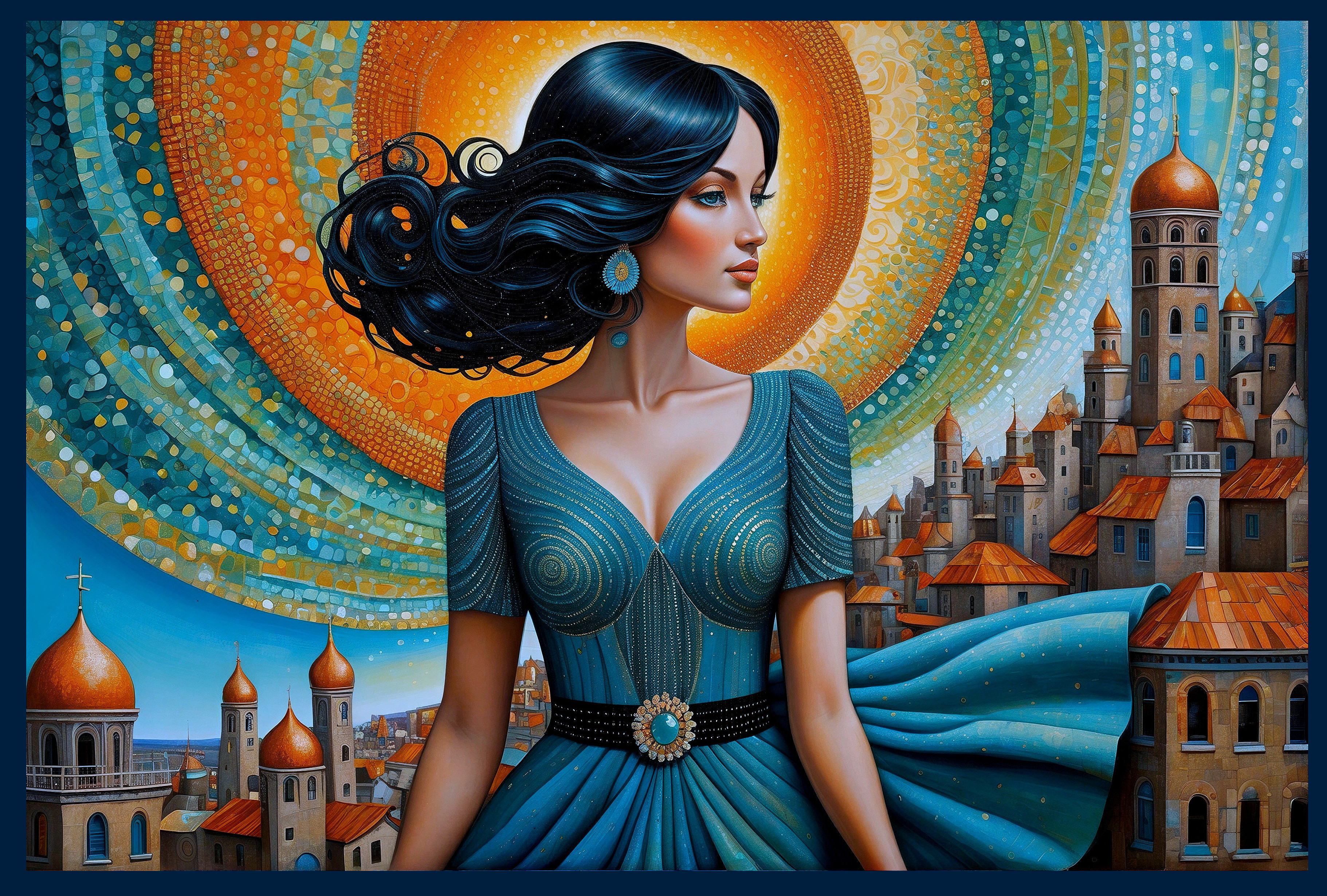 Woman in Blue Dress with Vibrant Circular Background