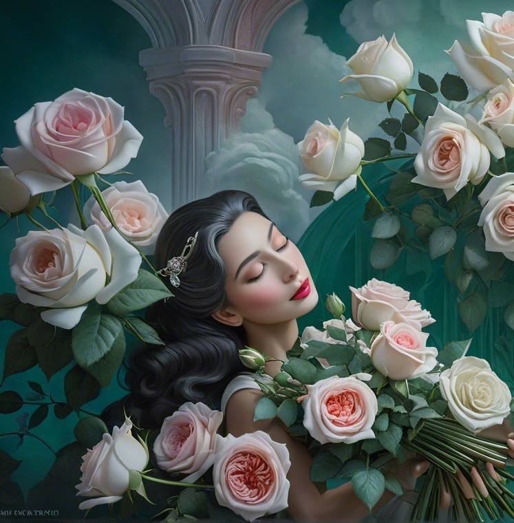 Serene Woman Holding Pink and Cream Roses in Bloom
