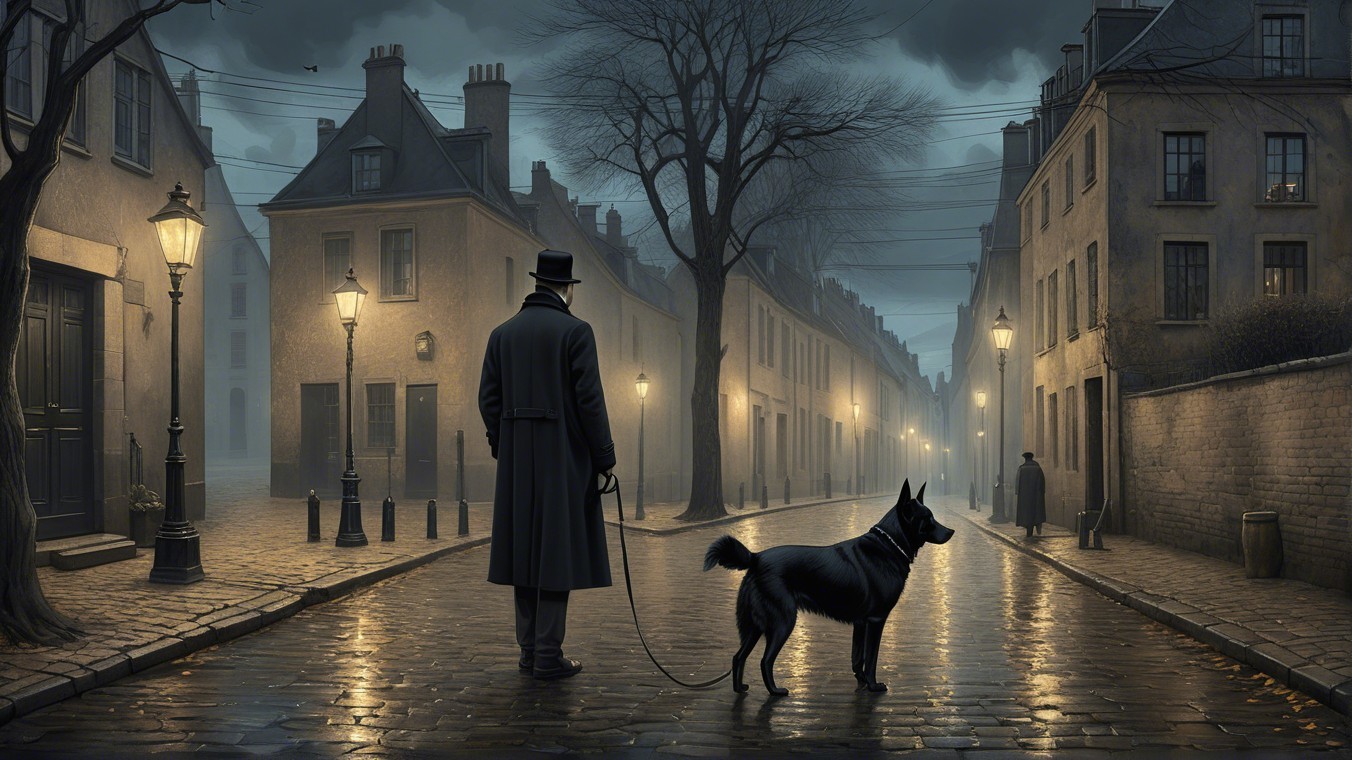 Foggy Street Scene with Man, Dog, and Vintage Lamps