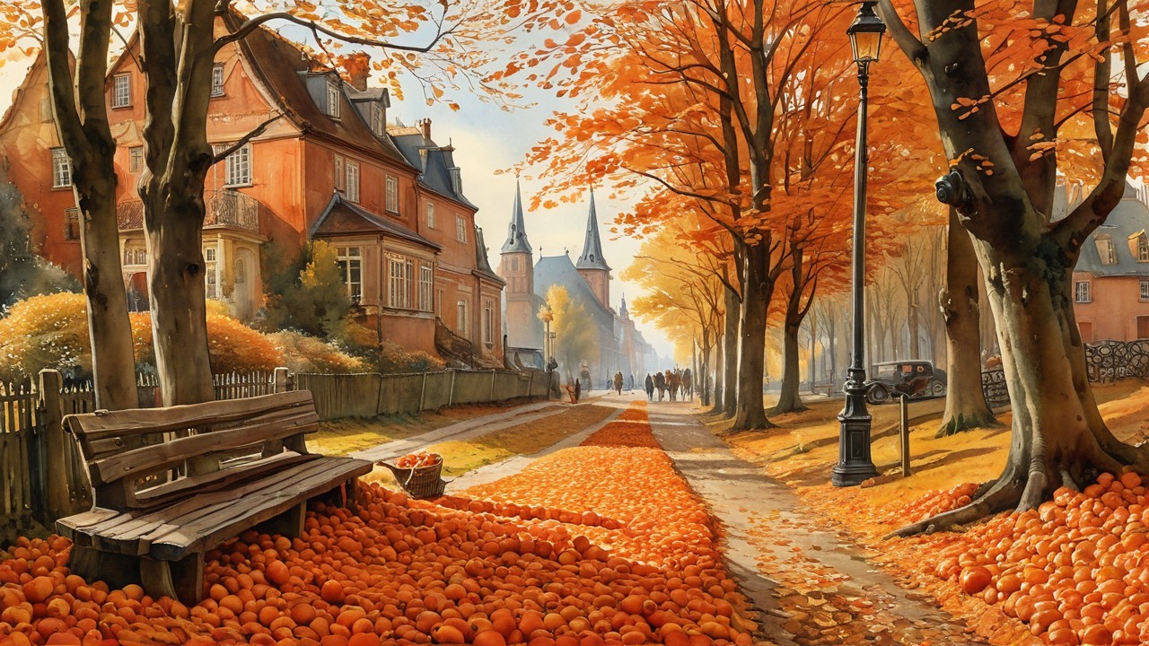Autumn Street with Vibrant Orange Trees and Pathway