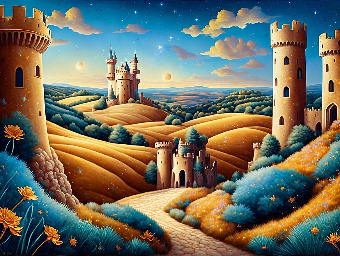 Whimsical Landscape with Castle and Starry Sky