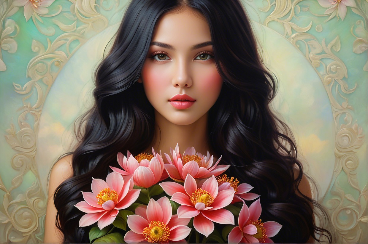 Portrait of a Young Woman with Lotus Flowers