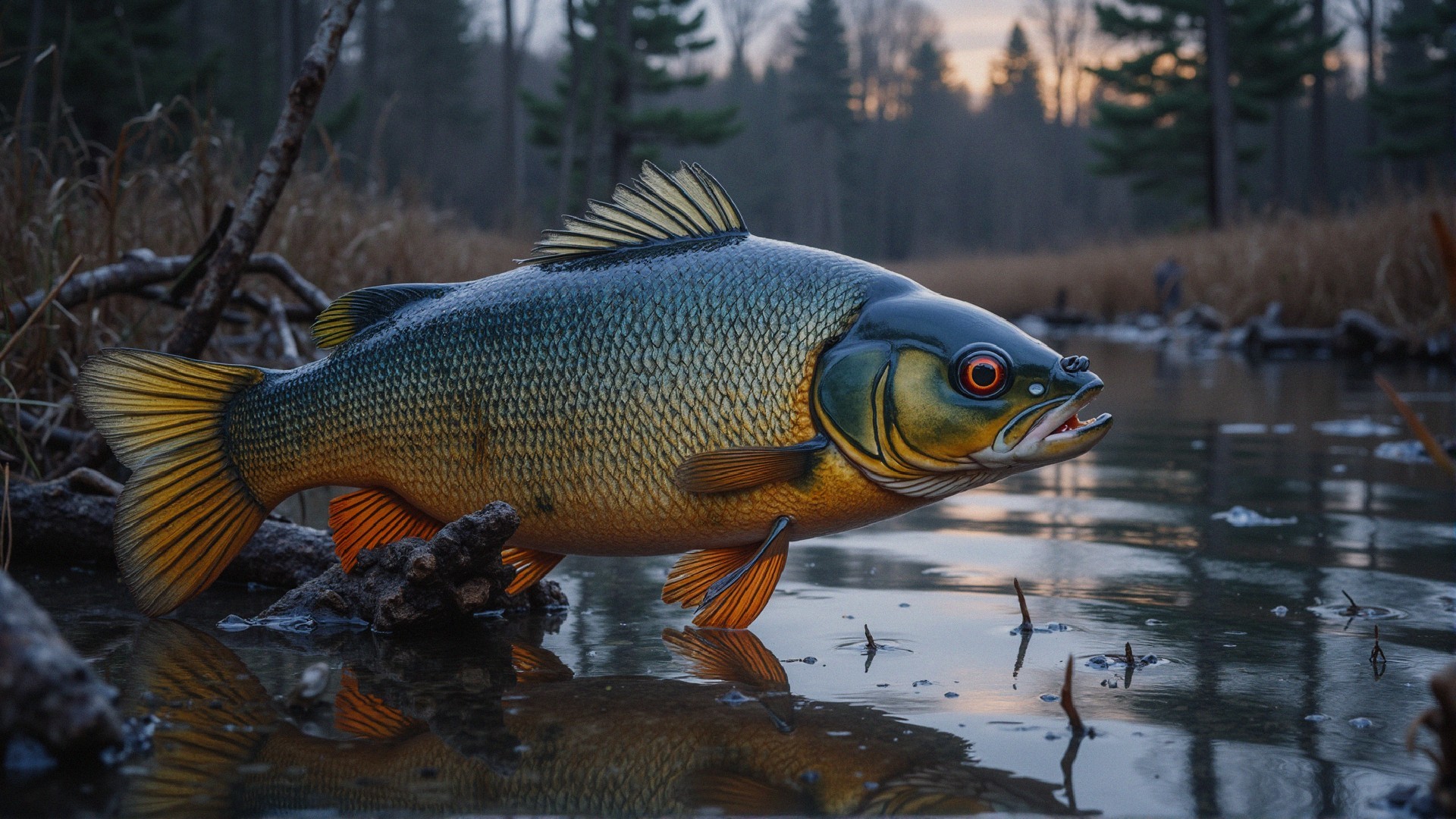 Vividly Colored Fish in Serene Pond Landscape