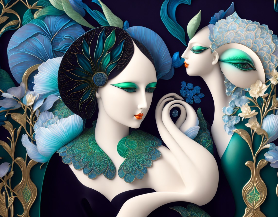 Elegant depiction of two women with flowers and foliage