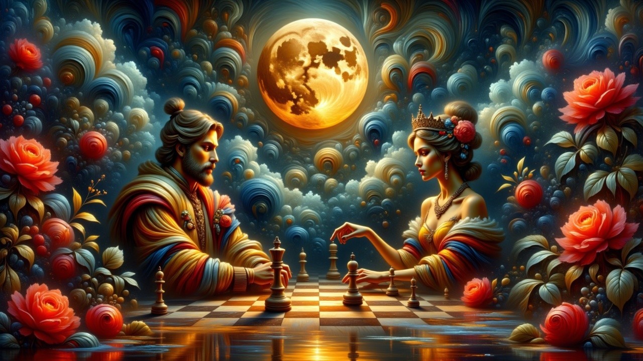 Surreal Chess Game Under a Full Moon Landscape
