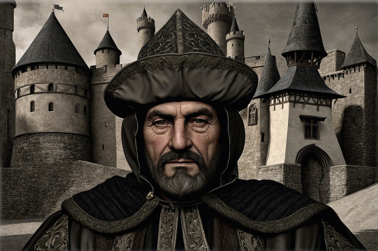 Stern Man in Cloak Against Medieval Castle Backdrop