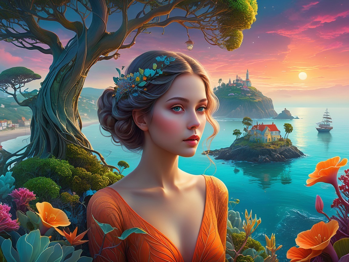 Young Woman with Flowers Against Vibrant Sunset Landscape