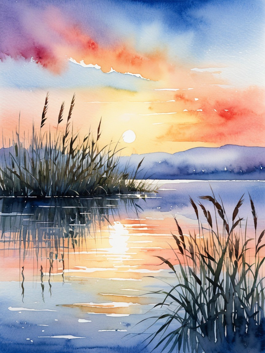 Watercolor Landscape of Sunset Over Calm Lake