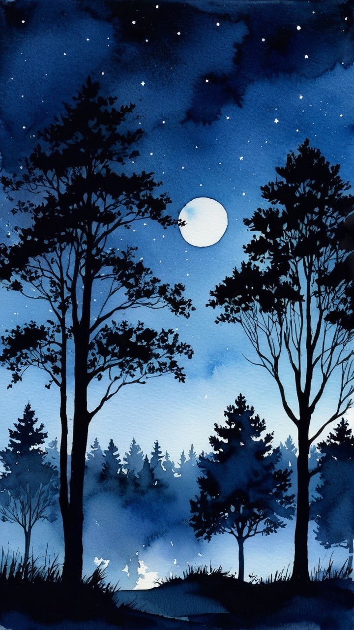 Serene Night Scene with Moonlit Landscape and Trees