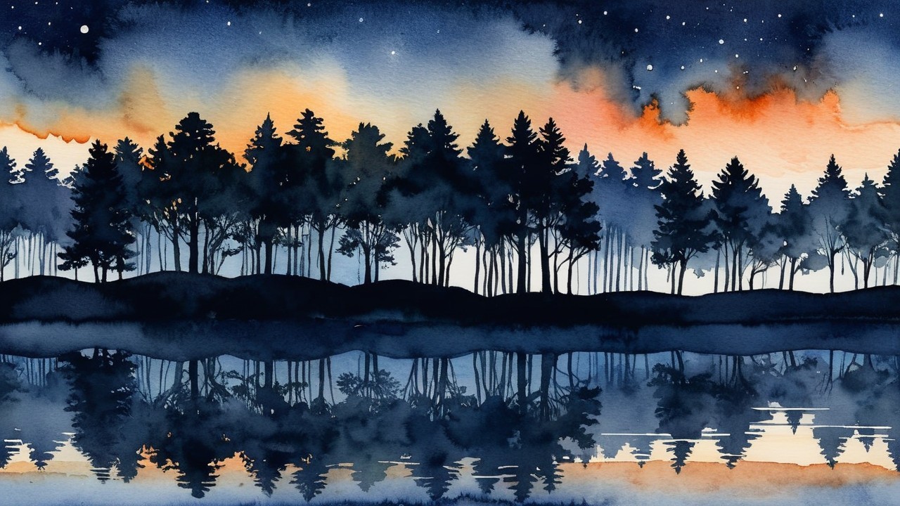 Watercolor Landscape of Pine Trees at Twilight