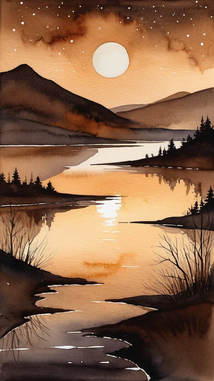 Tranquil Sunset Over River with Silhouetted Mountains