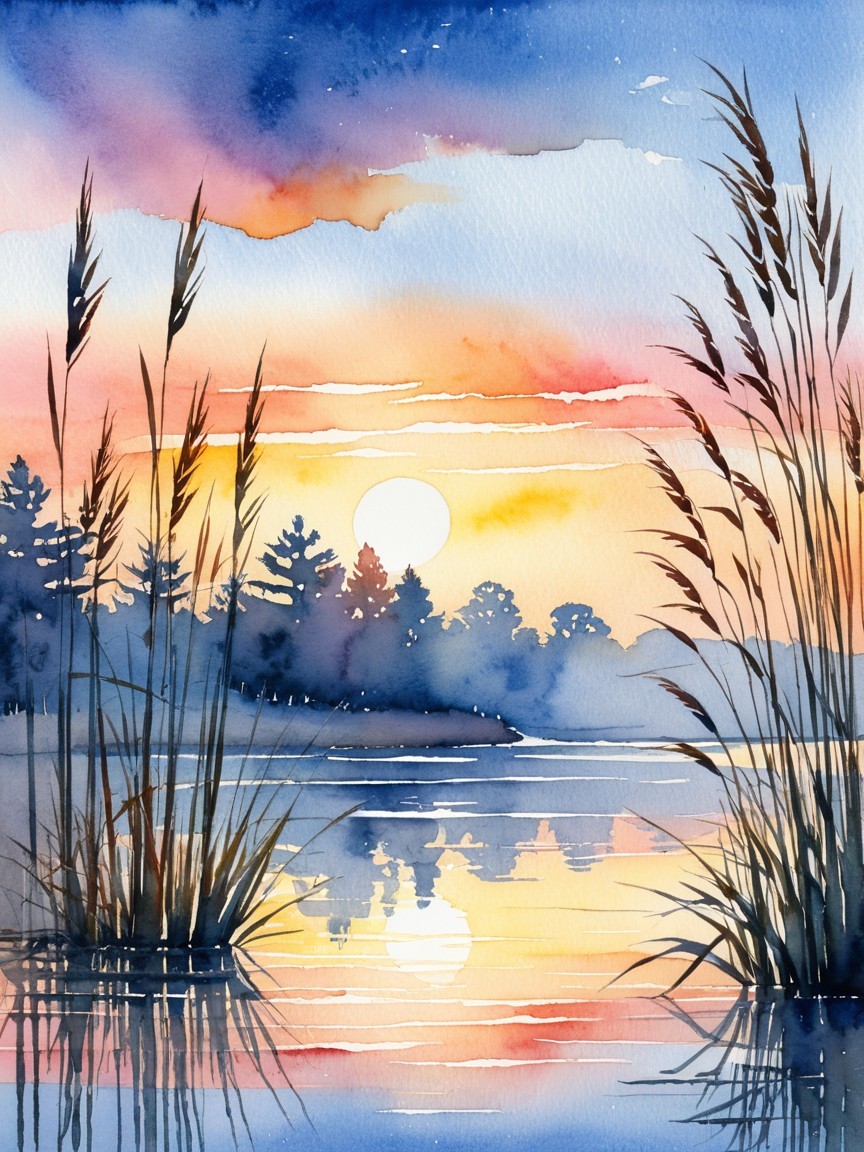 Serene Watercolor of Lakeside at Sunset
