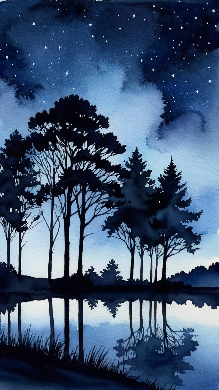 Watercolor Night Scene with Pine Trees and Stars