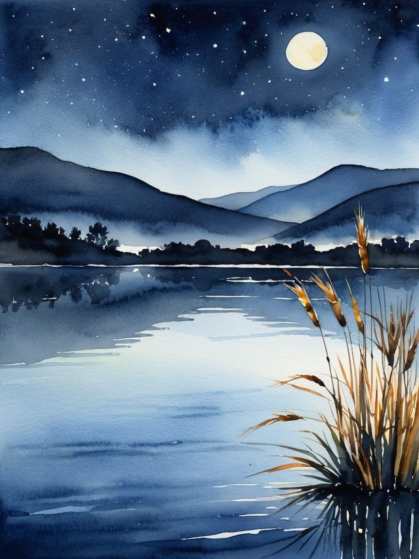 Tranquil Night Scene of a Lake Under a Full Moon