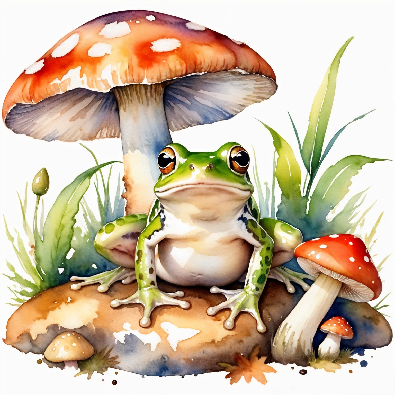 Vibrant Watercolor of Frog on Mossy Stone with Mushrooms