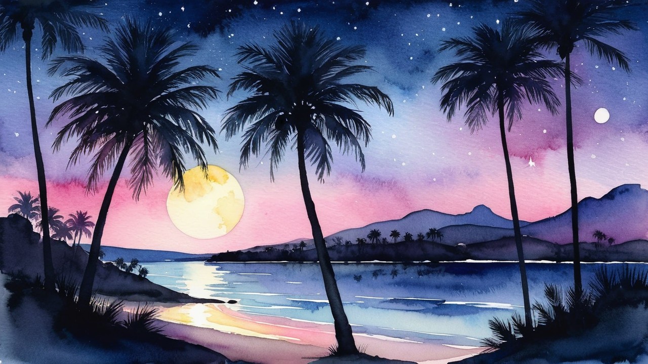 Tranquil Beach Watercolor Scene at Dusk