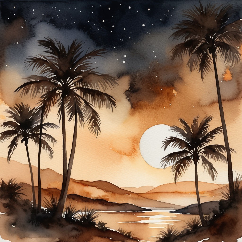 Serene Sunset Landscape with Palm Trees and Water Reflection