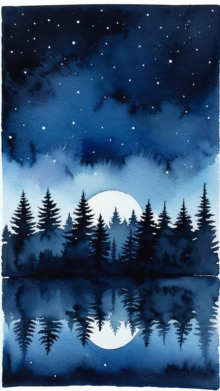 Watercolor Night Scene with Moon and Stars