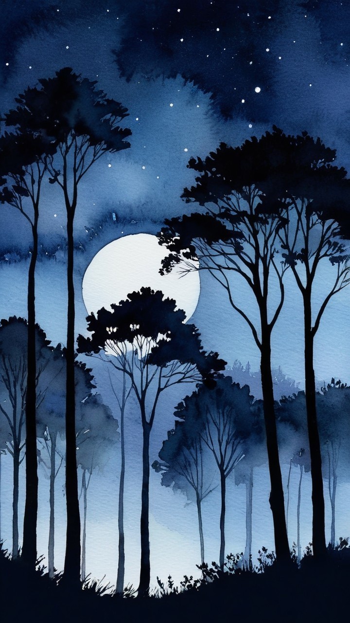 Moonlit Night Scene with Silhouetted Trees and Stars