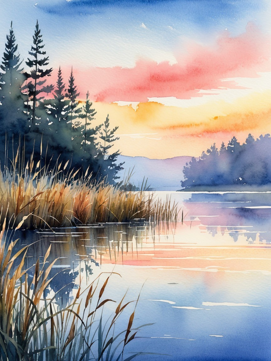 Watercolor Landscape of Sunset Over Tranquil Lake