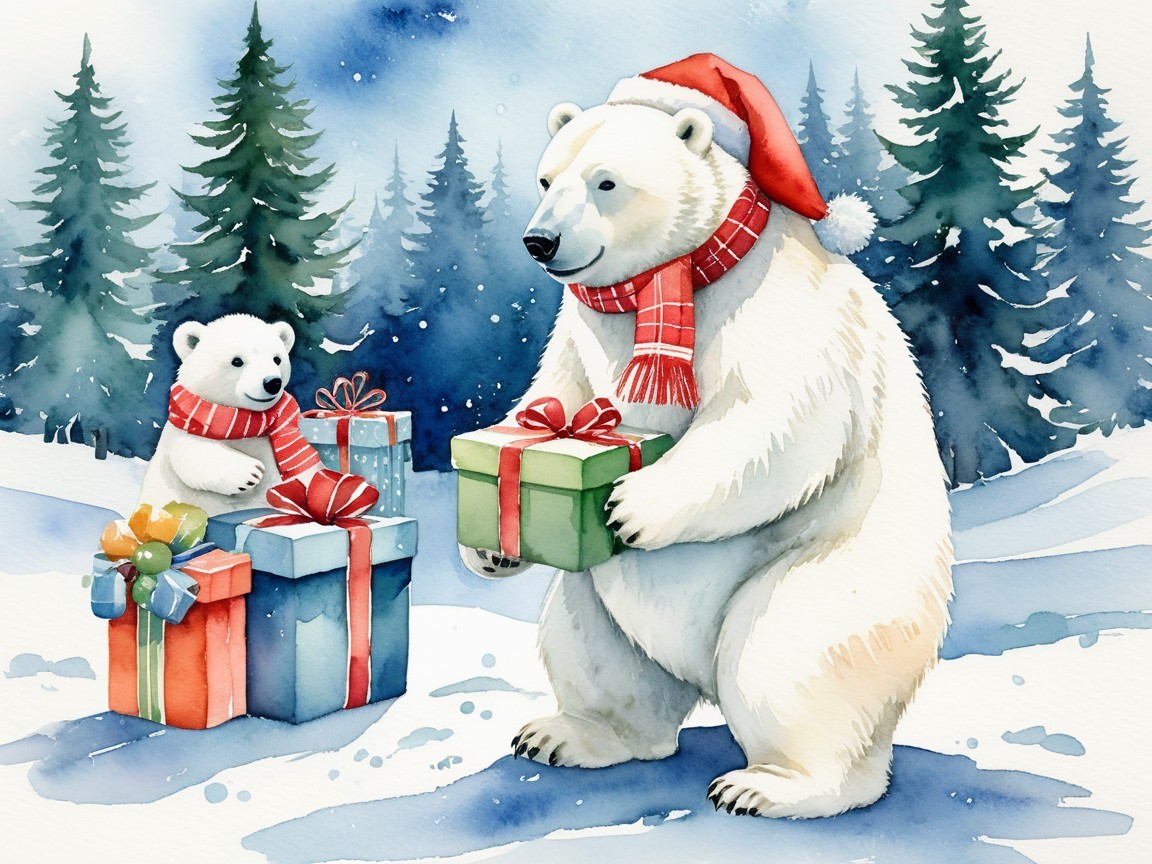 Polar Bears in Santa Hats Amid Snowy Forest Scene