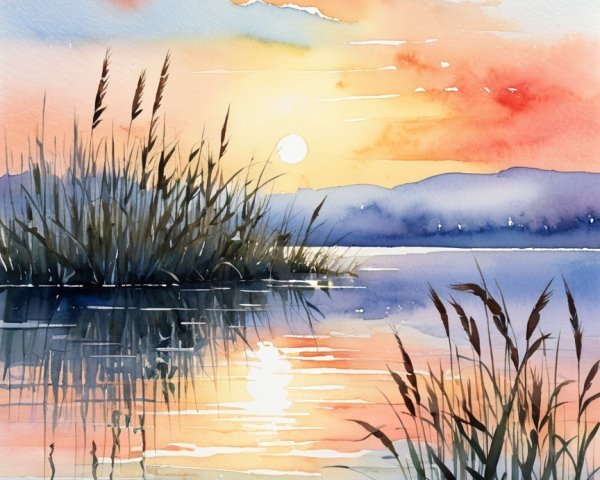 Watercolor Landscape of Sunset Over Calm Lake