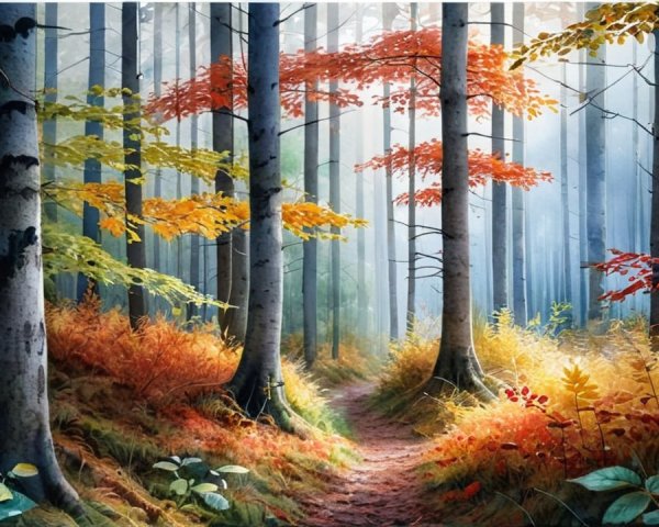 Vibrant Digital Painting of an Autumn Forest Path
