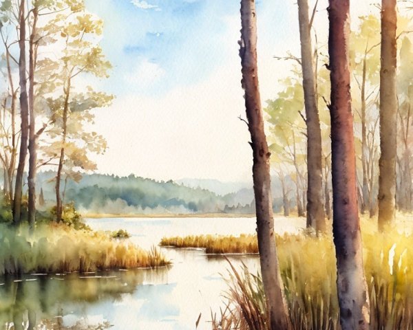 Tranquil Watercolor of a Serene Lake Landscape