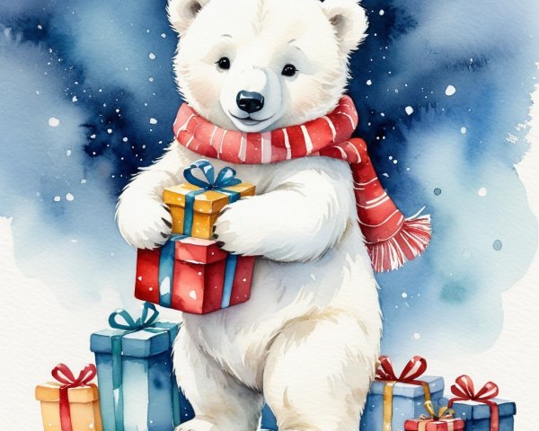 Watercolor of a polar bear with gifts in snow scene
