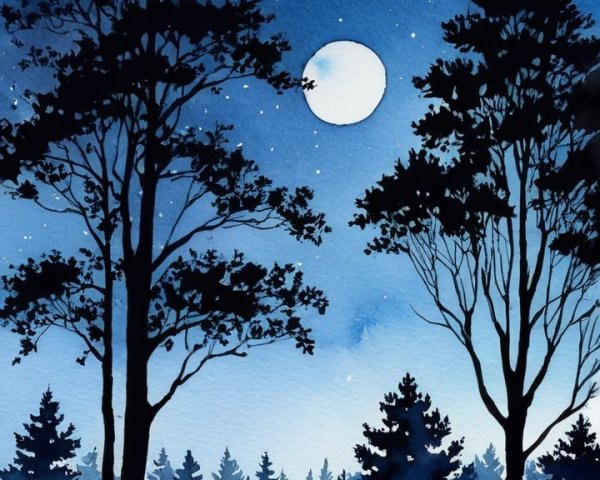 Serene Night Scene with Moonlit Landscape and Trees